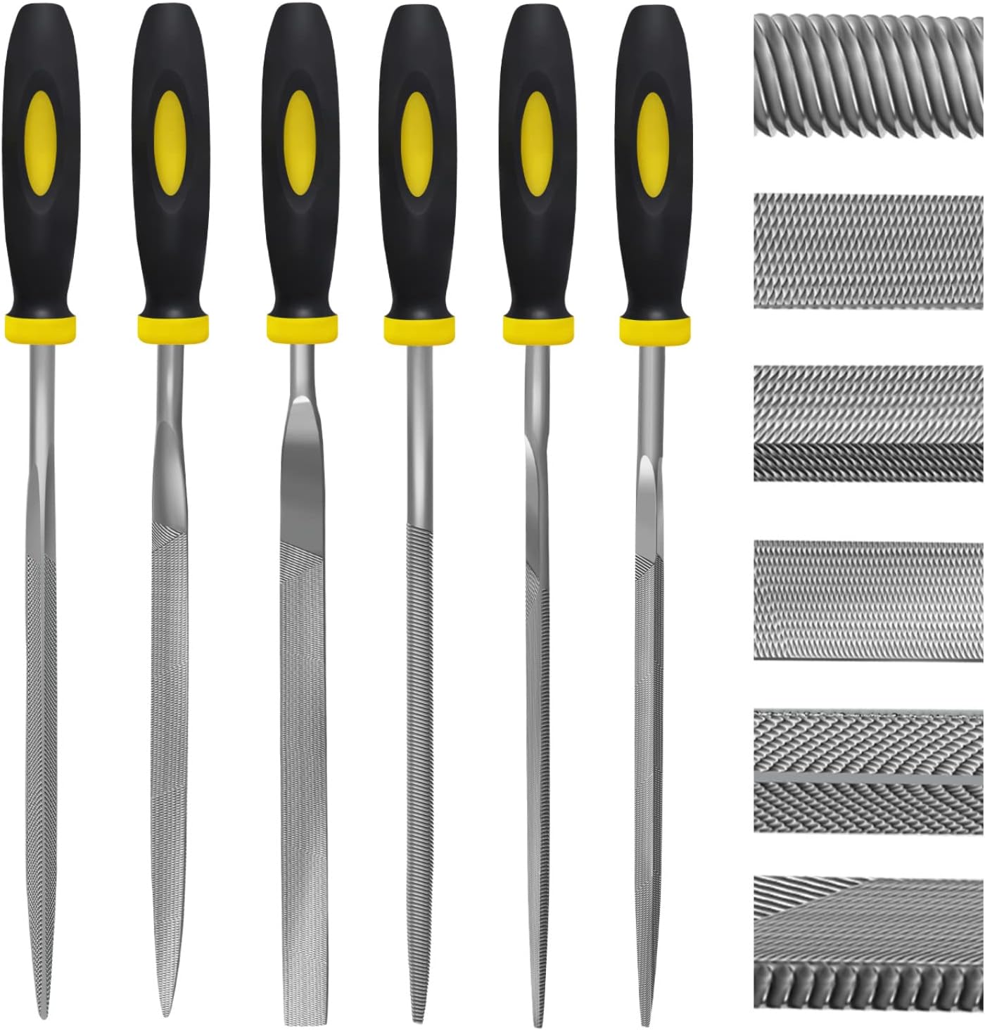 Kapoua Needle File Set Hardened Alloy Strength Steel Set for 6 Pieces Hand Metal Files, Includes Flat, Flat Warding, Square, Triangula