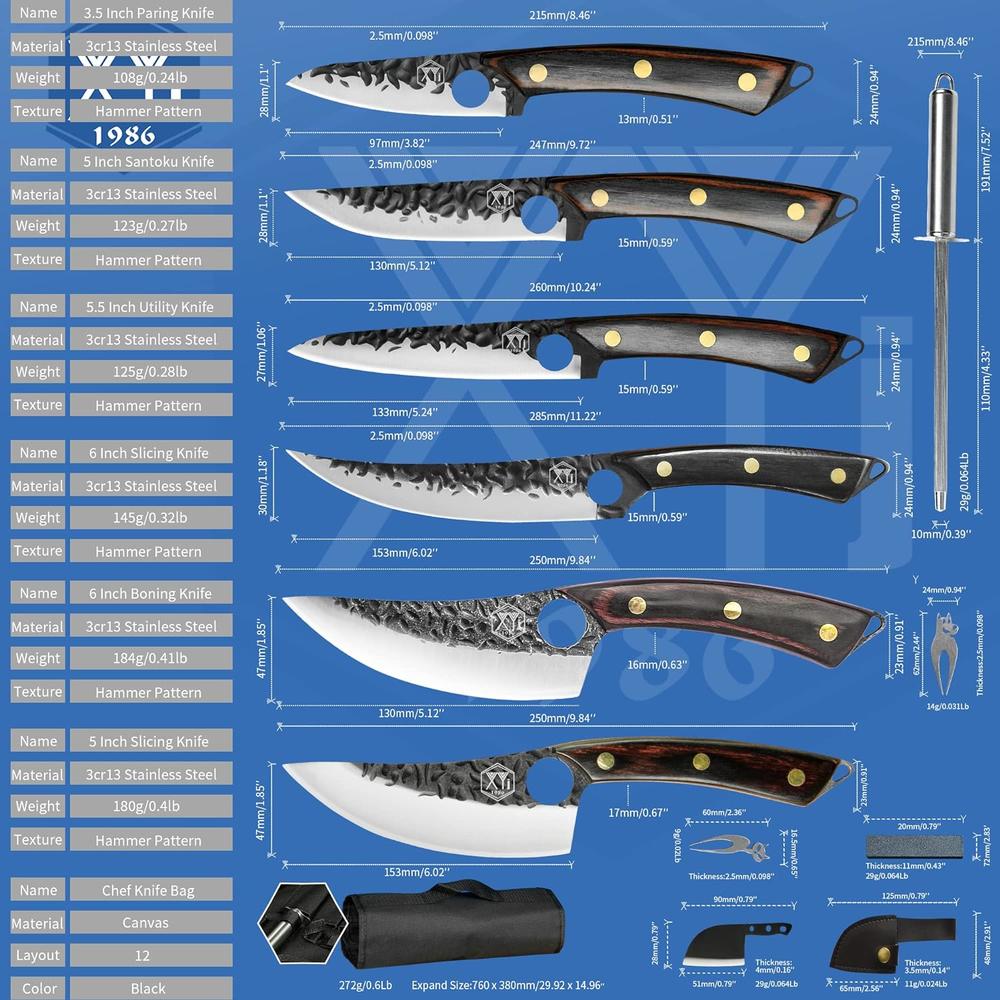 XYJ Authentic  Since 1986,6pcs Boning Knife Set With Roll Bag, Sharpening Rod,Whetstone,Forged Hammer Carving Knife,Deba Knife,Gyut