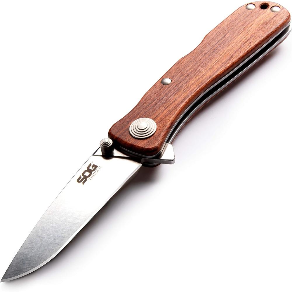 SOG Twitch ll Drop Point Pocket Knife -  Assisted Technology EDC Knife with 2.65 Inch Stainless Steel Blade and Wood Handle- Satin