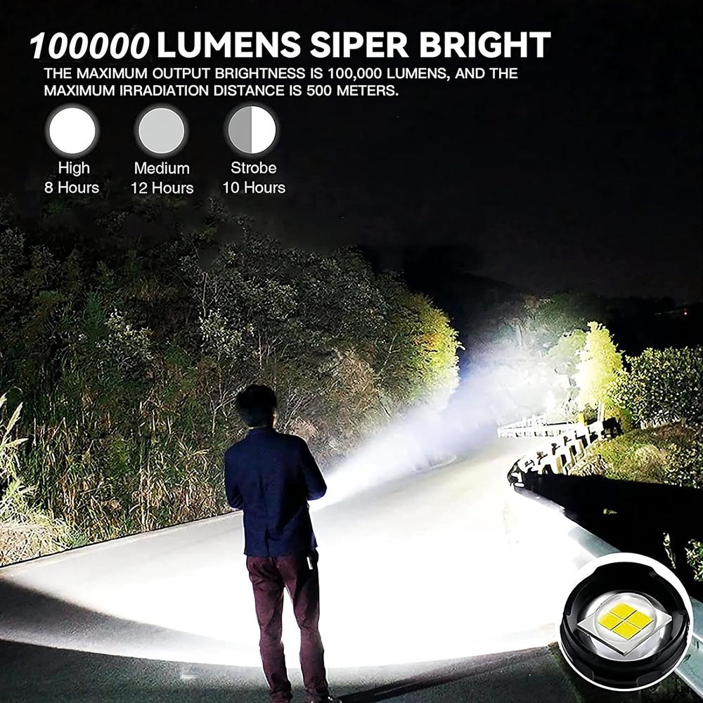 Cinlinso Led Rechargeable Flashlights High Lumens,100000 Lumens Powerful Flash Light with Side Work Light, 7 Light Modes, Zoomable, Wate