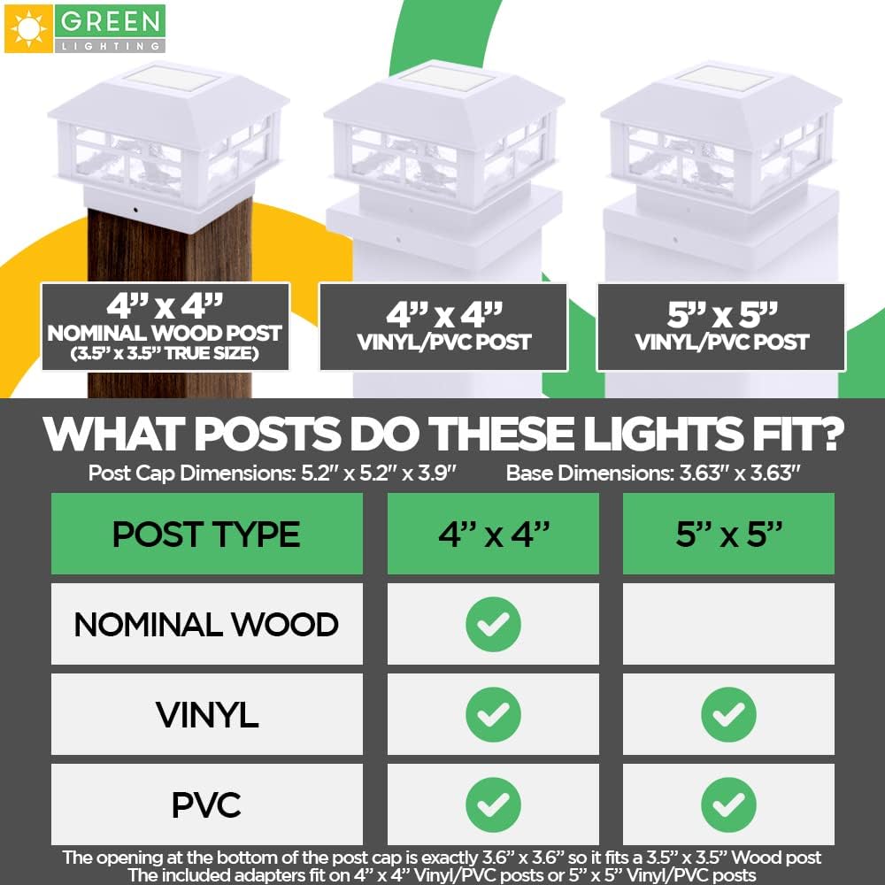 GreenLighting Solar Post Cap Lights 4x4 5x5 - Fence Post Lights - Outdoor Waterproof Solar Powered LED for Wood Vinyl Post Caps - Modern Deck