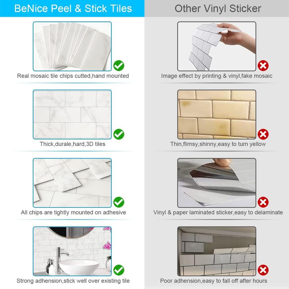 Benice Stick on Subway Tiles Peel and Stick Backsplash, Adhesive Wall Tiles Peel and Stick Imitaiton Marble Tiles Stickers(10sheets,Ma