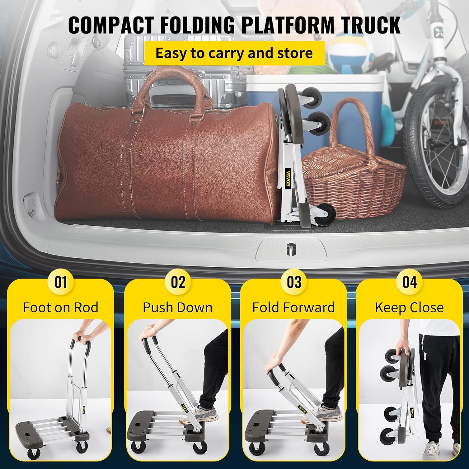 VEVOR Platform Truck Foldable,Compact Push Cart Adjustable Length, Aluminum Folding Cart Telescoping Handle with 4 Wheels ,330 LBS Ca