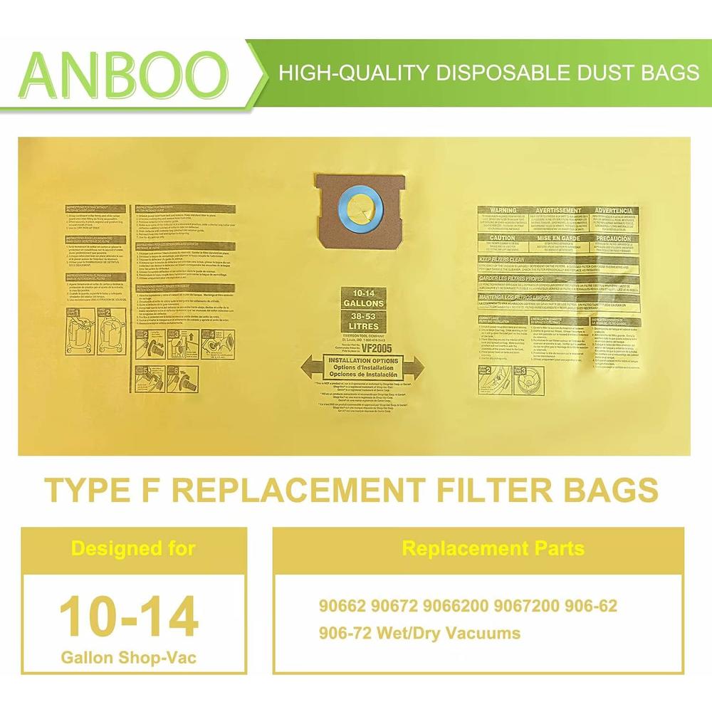 Anboo for Shop Vac 9066200 90662 90672 VF2005 Wet Dry Vacuum Bags Type F for Shop Vac 10-14 Gallon Dust Filter Bag 3pcs
