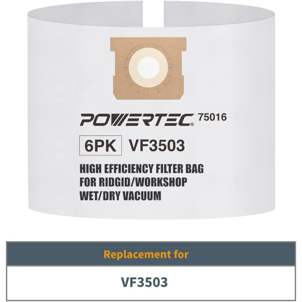 Powertec 75016-P3 Filter Bags for Ridgid VF3503 6-9 Gal Wet Dry Vacuum, 6PK
