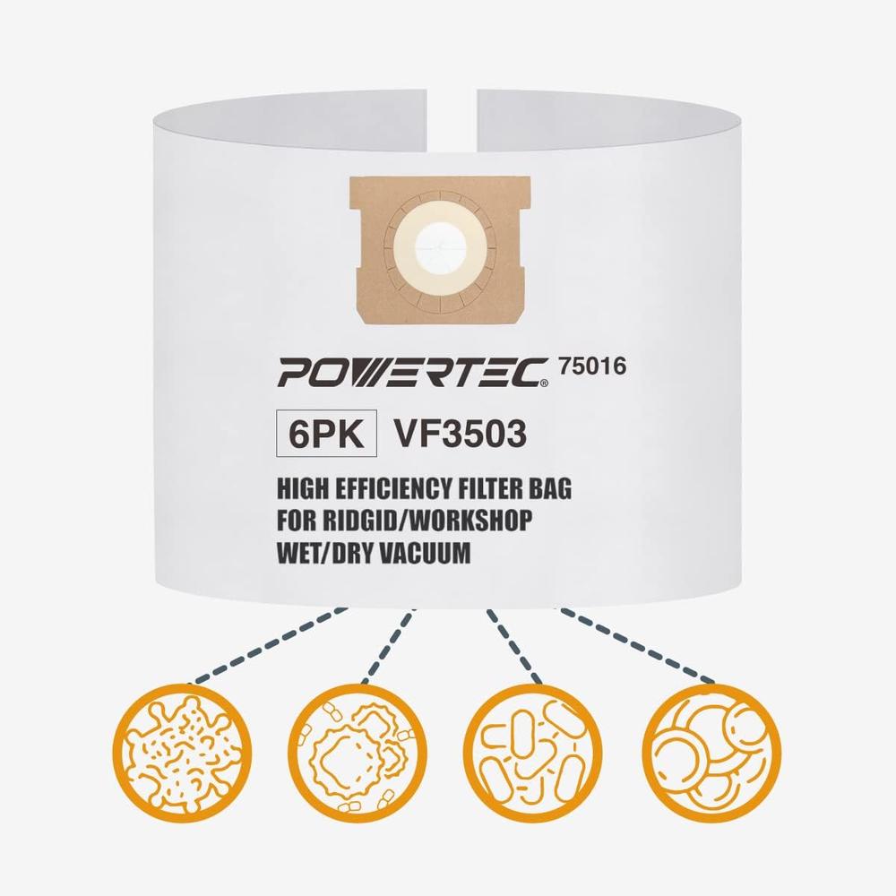 Powertec 75016-P3 Filter Bags for Ridgid VF3503 6-9 Gal Wet Dry Vacuum, 6PK