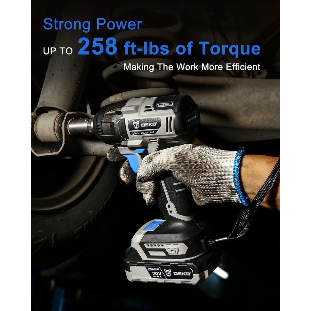 DEKOPRO Cordless Impact Wrench 1/2inch,20V Power Impact Wrench, Powerful Brushless Motor, 3-Variable Speed, Max Torque 258 ft-lbs (350N
