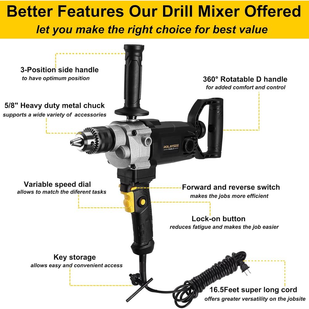 ROLAYSEE TOOLS 10-Amp Corded 5/8" Heavy Duty Drill Mixer Set, Mixing Drill Machine with Spade Handle for Drilling and Mixing, Variable Sp