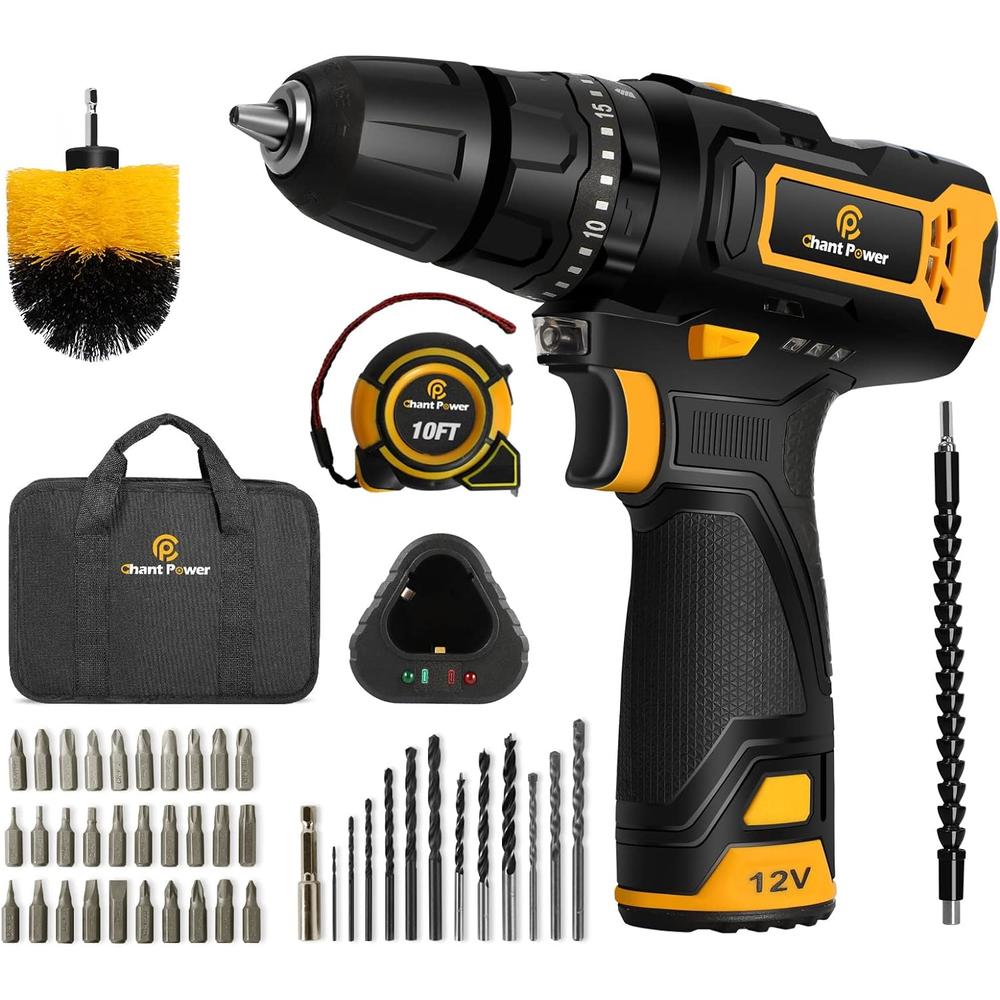 C P CHANTPOWER Cordless Drill, 12V Impact Drill Set with Dual-Speed, 21+1+1 Torque Settings, 3/8&#226;&#128;&#153;&#226;&#