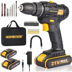 Inspiritech 21V Cordless Drill with 2 Batteries and Charger,3/8-Inch Keyless Chuck Power Drill Set,2 Variable Speed Electric Drill Driver,