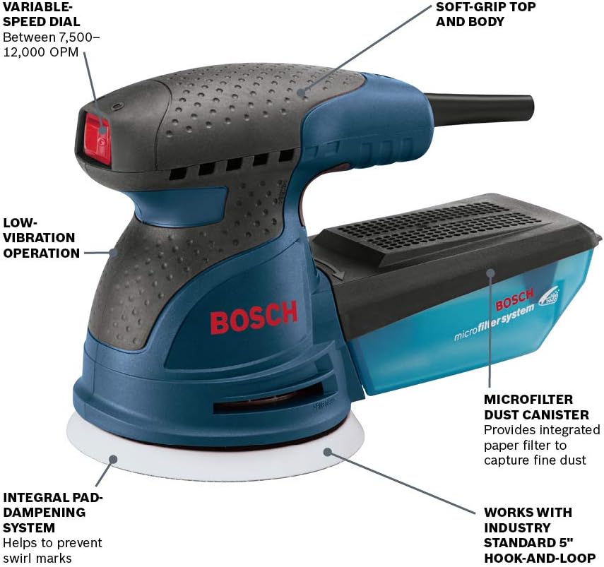 Bosch ROS20VSC Palm Sander 2.5 Amp 5 In. Corded Variable Speed Random Orbital Sander/Polisher Kit with Dust Collector and Soft Carryi