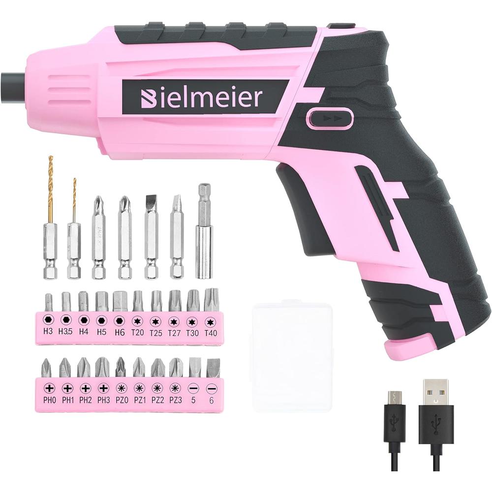 Bielmeier Pink Electric Screwdriver Kit 5N.m, 4V Lithium ion Battery Cordless Screwdriver Rechargeable with LED Light and USB C