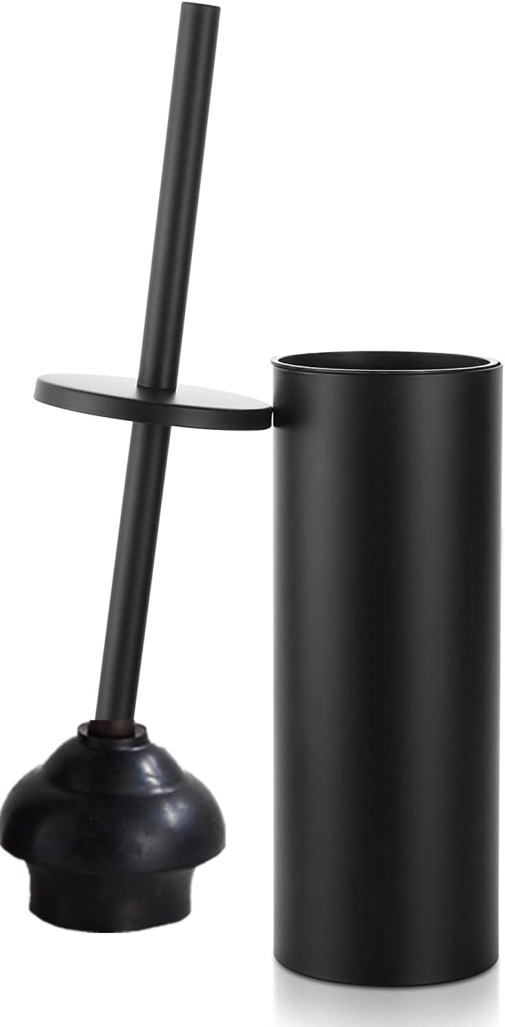 Gecious Black Toilet Plunger with Holder Bathroom Metal Canister Holder Drip Cup, Heavy Duty, Deep Cleaning