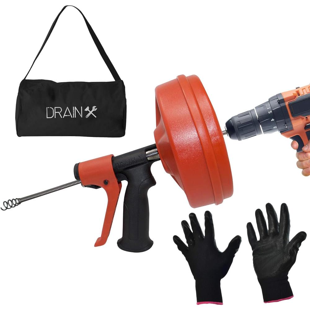 DrainX SPINFEED 25 Foot Drum Auger | Manual or Drill Powered Drain Snake - Auto Extend and Retract Snake | Work Gloves and Storage Bag