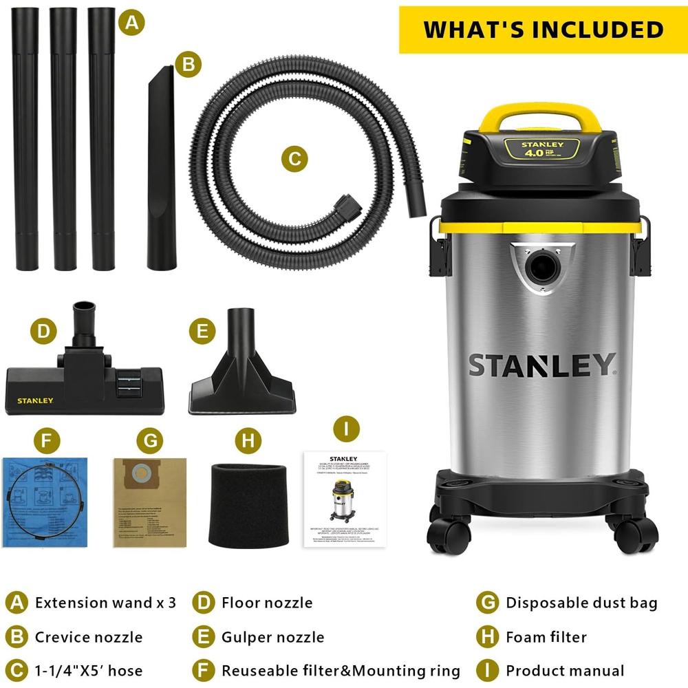 Stanley - SL18129 Wet/Dry Vacuum, 4 Gallon, 4 Horsepower, Stainless Steel Tank Silver+yellow