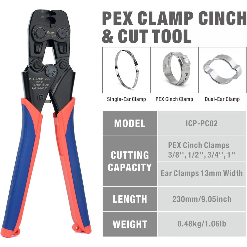 ZHEJIANG IWISS ELECTRIC CO.,LT iCrimp ICP-PC02 PEX Clamp Tool for Pinching and Cutting Stainless Steel PEX Clamp Rings, 3/8", 1/2", 3/4", 5/8