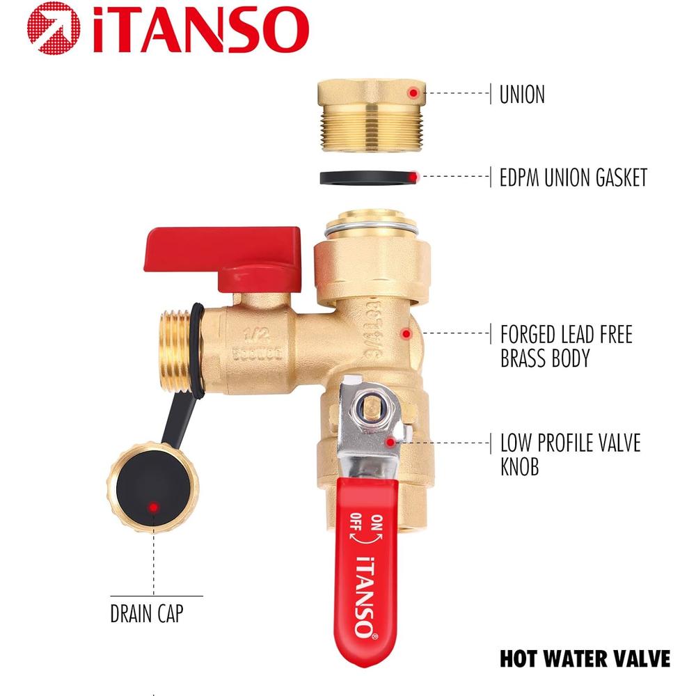 iTANSO 3/4-inch IPS Isolator Tankless Water Heater Service Valve Kit, with Pressure Relief Valve and Clean Brass Construction