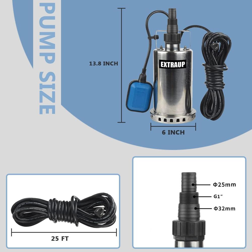 EXTRAUP 1HP 3000 GPH Stainless Steel Submersible Clean Water Transfer Pump Pool Pond Flood Sump Pump