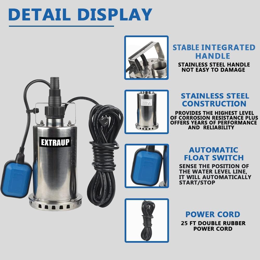 EXTRAUP 1HP 3000 GPH Stainless Steel Submersible Clean Water Transfer Pump Pool Pond Flood Sump Pump
