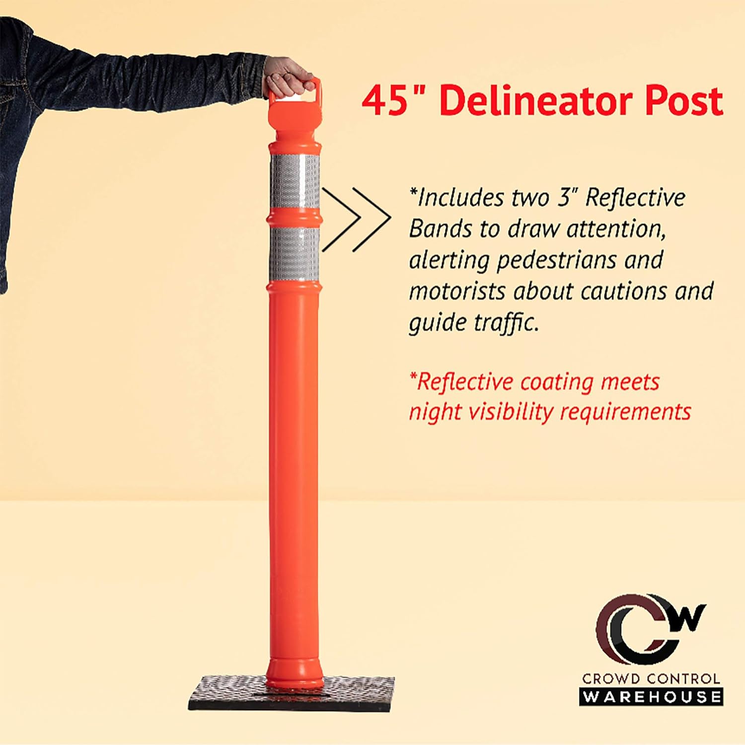 Generic Trafford Industrial Set of 2 45" Delineator Posts with Removable 10lb Rubber Base, Reflective Collars - Black