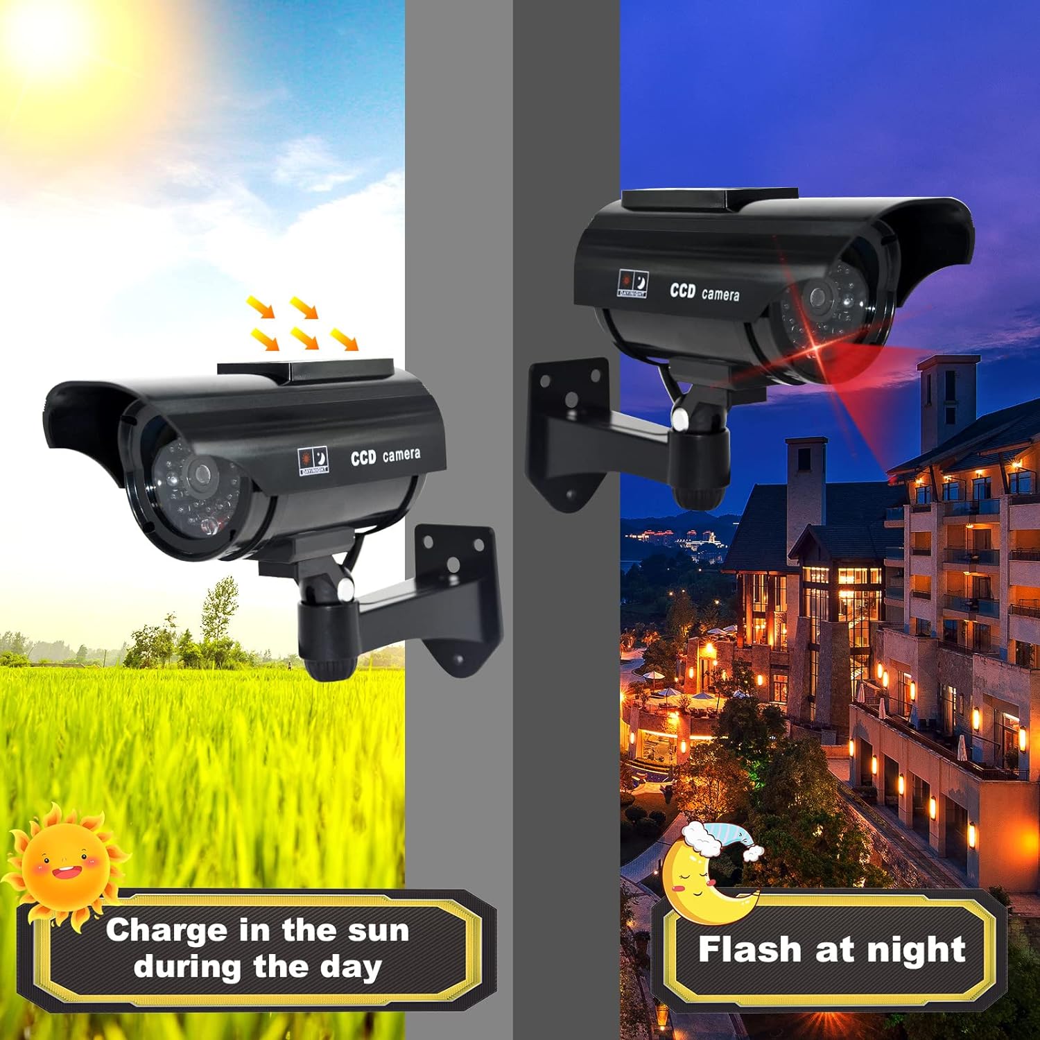 fc Solar Fake Security Camera, Bullet Dummy Security Camera Surveillance System with Realistic Red Flashing Lights Indoor Outdoor