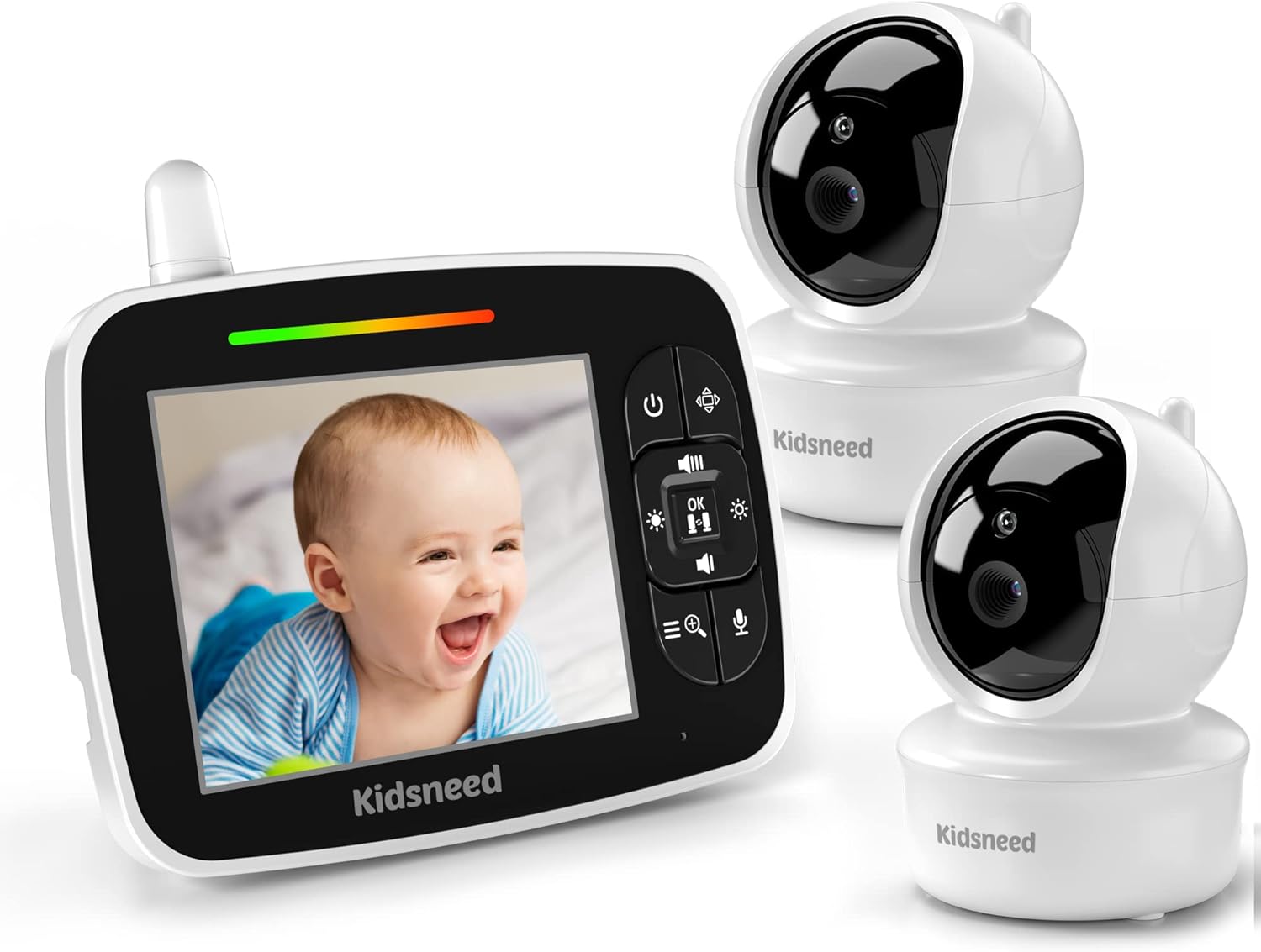 Kidsneed Baby Monitor with 2 Cameras.  Video Baby Monitor with Remote Pan-Tilt-Zoom Camera, Large Screen Night Vision, Two Way Talk, Tem