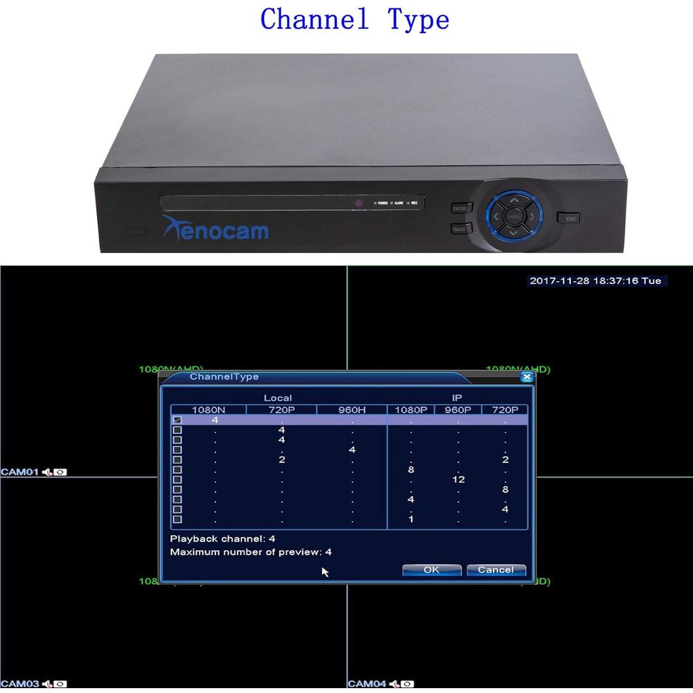 Generic Xenocam 4CH 1080N Hybrid 5-in-1 AHD DVR (1080P NVR+1080N AHD+960H Analog+TVI+CVI) Standalone DVR CCTV Surveillance Security Sys