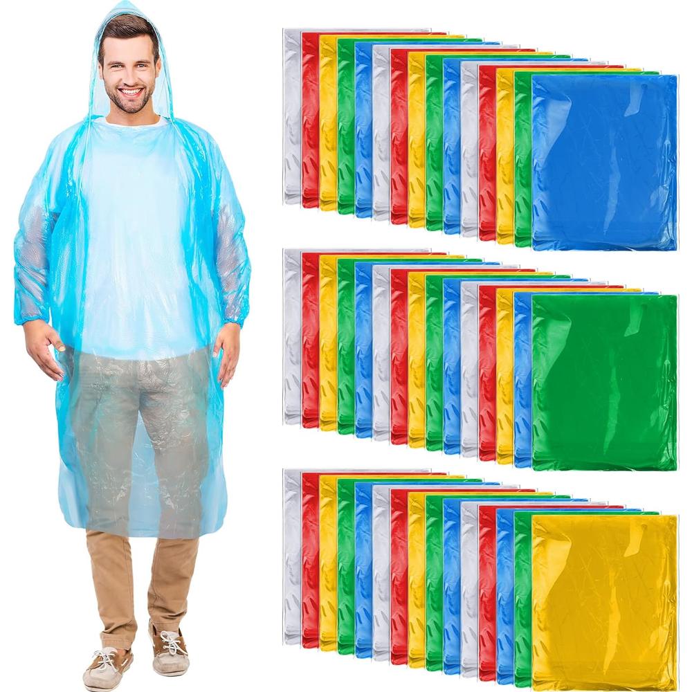 Handepo 200 Pieces Adults Rain Ponchos Bulk 5 Colors Disposable Rain Ponchos with Hoods Emergency Disposable Raincoat Individually Wrap