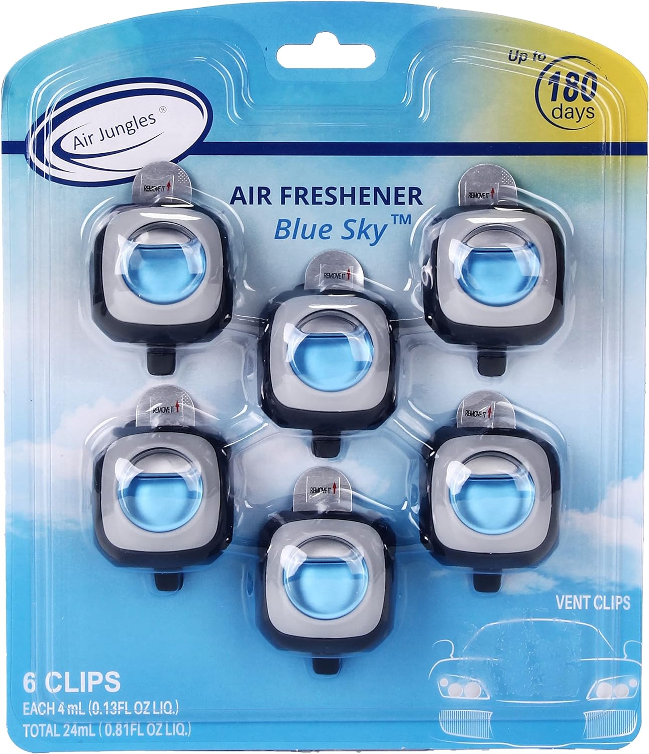 Air Jungles New Car Scent Car Air Freshener Clip(Blue Sky), 6 Car Freshener Vent Clips, 4ml Each, Long Lasting Air Freshener for Car, Up to
