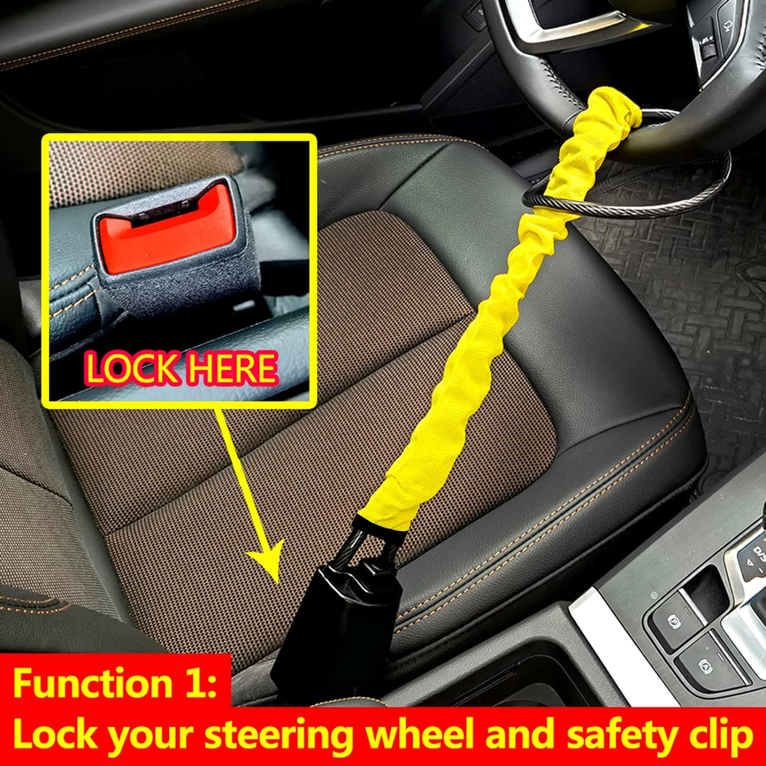 KAYCENTOP Steering Wheel Lock Seat Belt Lock Security Anti-Theft Handbag Lock Fit Most Cars Vehicle SUV Golf Cart