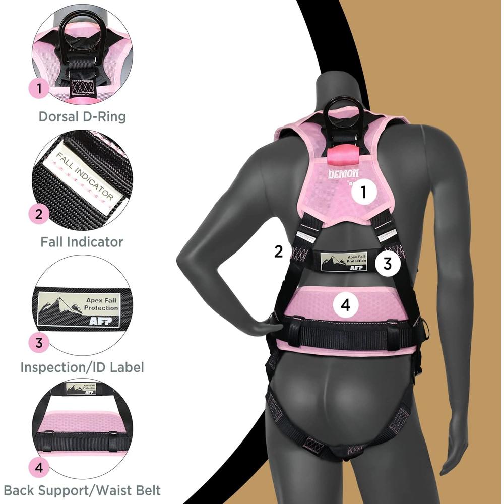 AFP Pink Demon Women Fall Protection Comfortable Safety Harness, Soft Pressure-Relieving Perforated Breathable Padded Foam Shoulder
