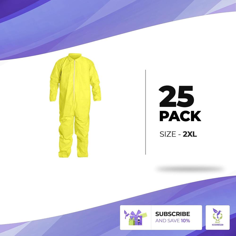 AMZ Medical Supply Disposable Hazmat Suit Medium. Pack of 5 Yellow Coveralls for Men and Women, 82 gsm Polyethylene Polypropylene Protective Suit