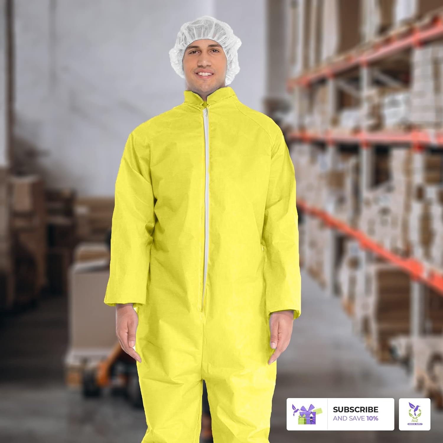 AMZ Medical Supply Disposable Hazmat Suit Medium. Pack of 5 Yellow Coveralls for Men and Women, 82 gsm Polyethylene Polypropylene Protective Suit