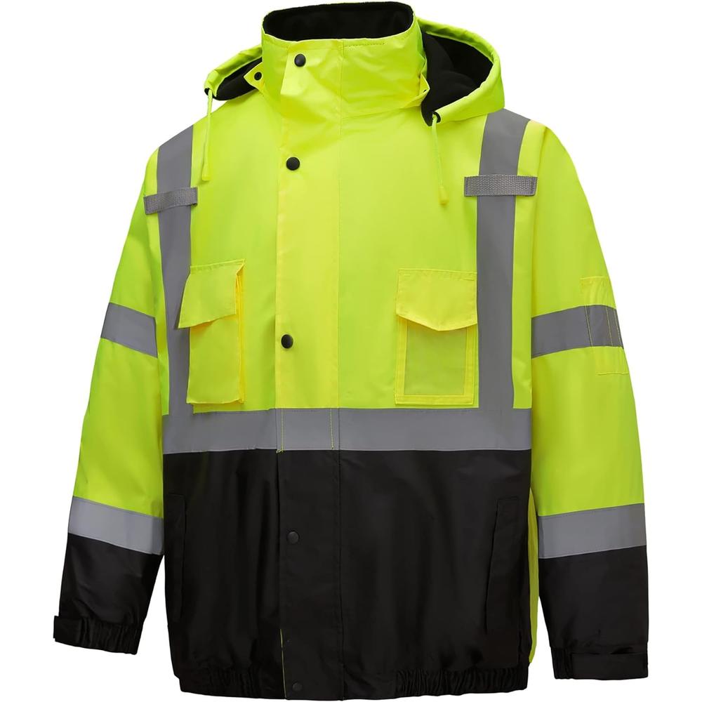 Generic DPSAFETY safety jacket, Reflective high Visibility Hooded jacket, Hi-Vis Bomber Jacket with Pockets and Zipper