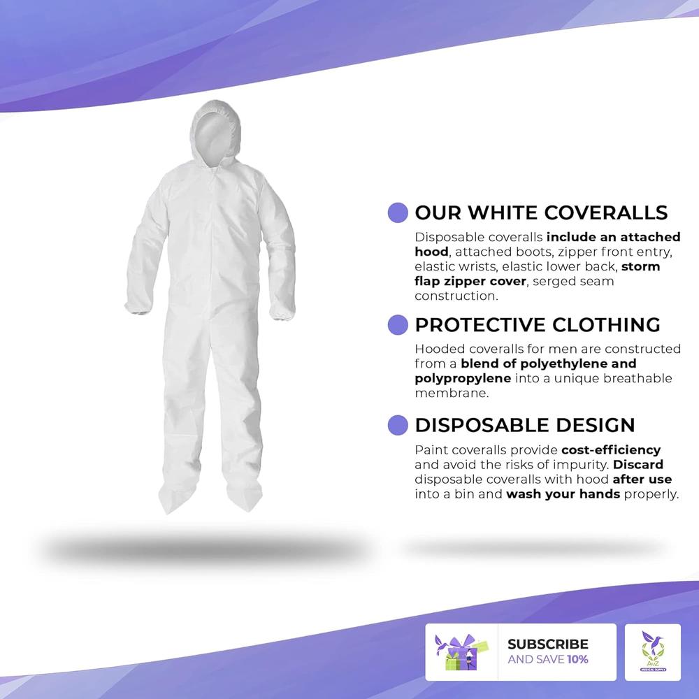 AMZ Medical Supply Hazmat Suits Disposable Medium. Pack of 5 Disposable Coveralls. 60 gsm Microporous Protective Suits with Attached Hood, Boots,