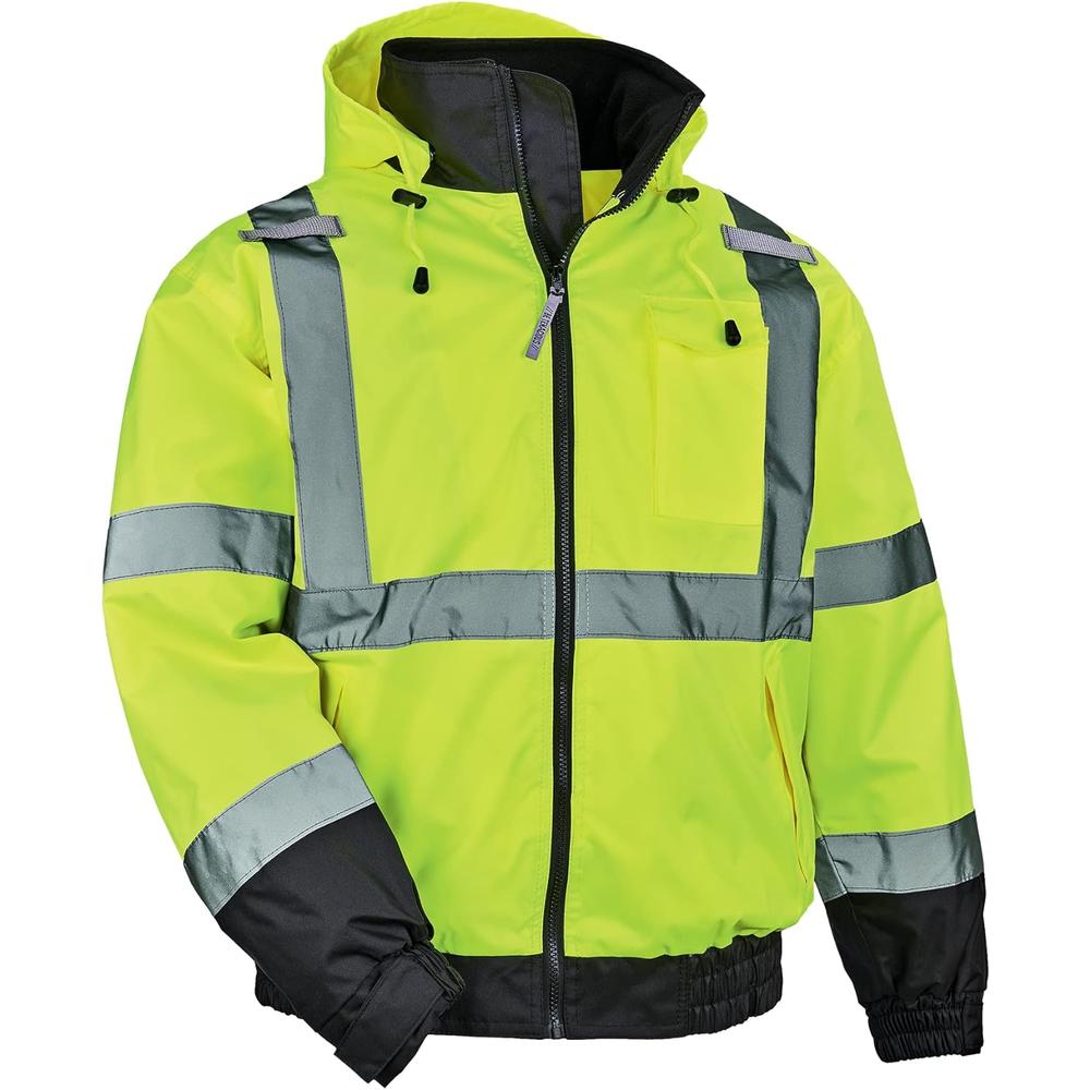 ERGODYNE High Visibility Reflective Winter Bomber Jacket, Zip Out Fleece Liner, ANSI Compliant,  GloWear 8379, Lime, Large