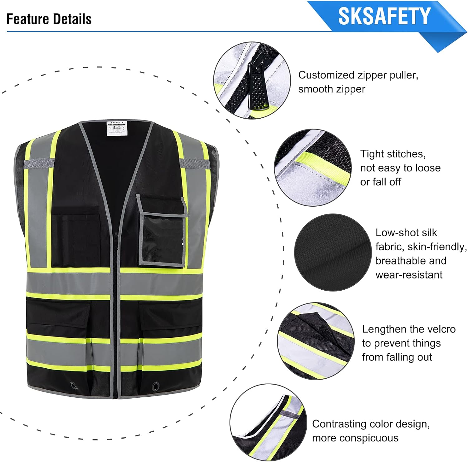 SKSAFETY Safety Vest for Men with 10 Pockets, High Visibility Reflective Vest, Work Vest for Men, Construction Vest, Security Vest, Blac