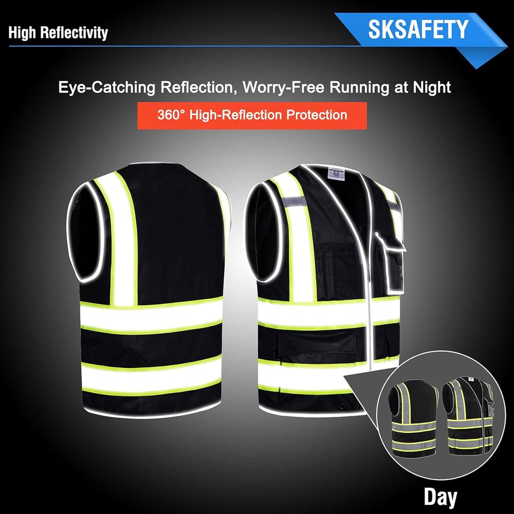SKSAFETY Safety Vest for Men with 10 Pockets, High Visibility Reflective Vest, Work Vest for Men, Construction Vest, Security Vest, Blac