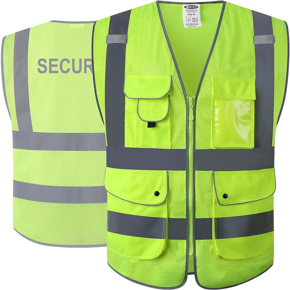 JKSafety 9 Pockets Class 2 Security Hi-Vis HQ Mesh Lite Hi-Vis Zipper Front Safety Vest | Neon Color Body with Retro-Reflective Strips |