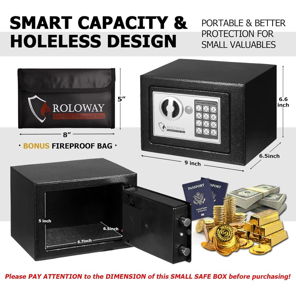 ROLOWAY Steel Money Safe Box for Home with Fireproof Money Bag for Cash Safe Hidden, Security Safe Box for Money Safe with Keys, Lock B