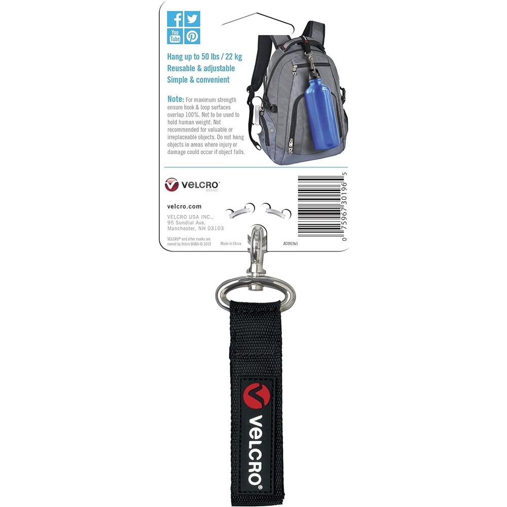 Velcro Companies VELCRO Brand VEL-30196-USA Easy Hang Strap with Carabiner Clip Attach Water Bottles and Accessories to Bikes, Bags and more. Or