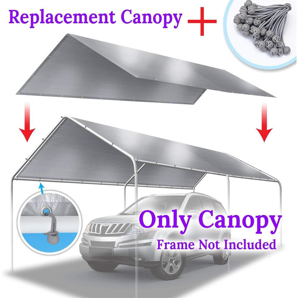 BenefitUSA New Colors-10'X20' Carport Canopy Replacement Carport Top Cover for Garage Shelter, w/Ball Bungees, Cover ONLY (Silver)