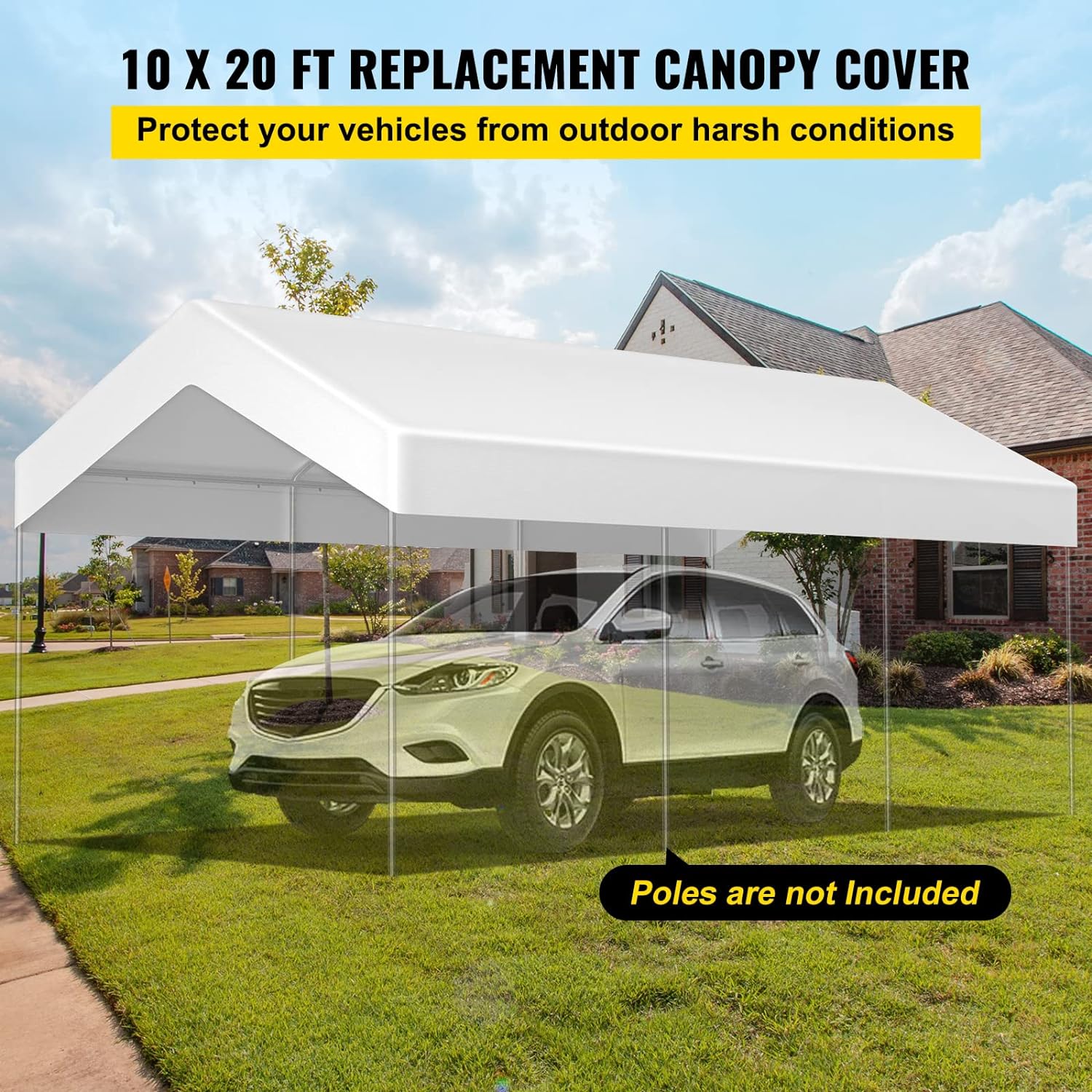 VEVOR Carport Replacement Canopy Cover, 10 x 20 ft, Ripstop Triple-layer PE Fabric Garage Top Tarp Shelter Cover, UV Resistant Waterp