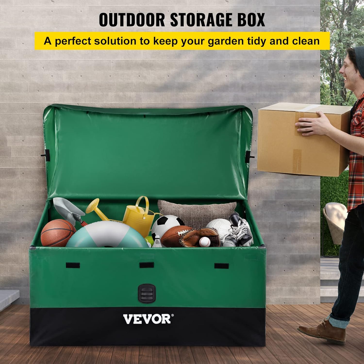 VEVOR Outdoor Storage Box, 100Gal Waterproof PE Tarpaulin Deck Box w/ Galvanized Frame, All-Weather Protection