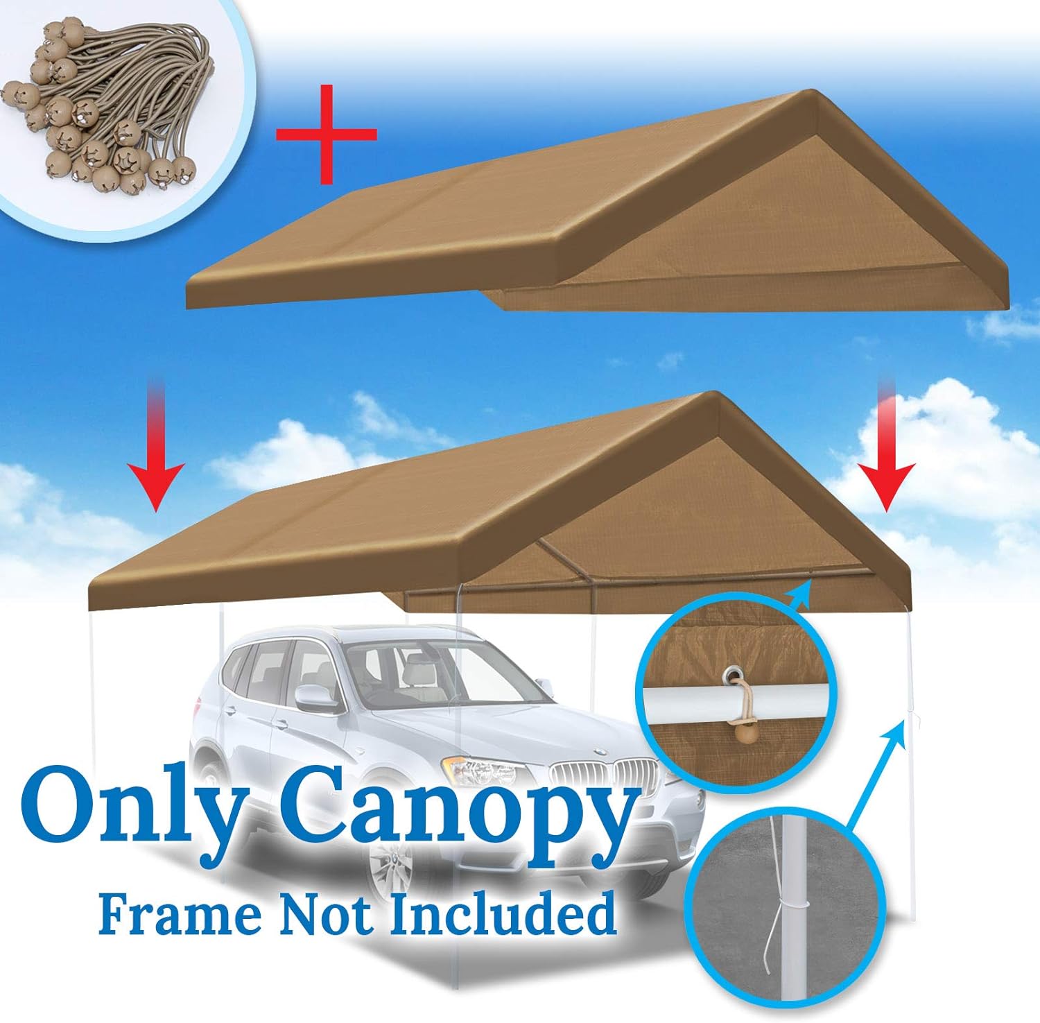 Benefit-USA BenefitUSA Canopy ONLY 10'x20' Carport Replacement Canopy Outdoor Tent Garage Top Tarp Shelter Cover w Ball Bungees (Tan)