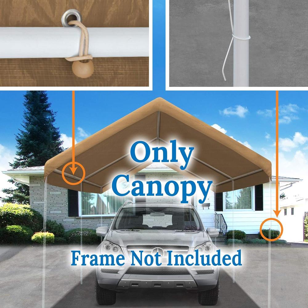 Benefit-USA BenefitUSA Canopy ONLY 10'x20' Carport Replacement Canopy Outdoor Tent Garage Top Tarp Shelter Cover w Ball Bungees (Tan)