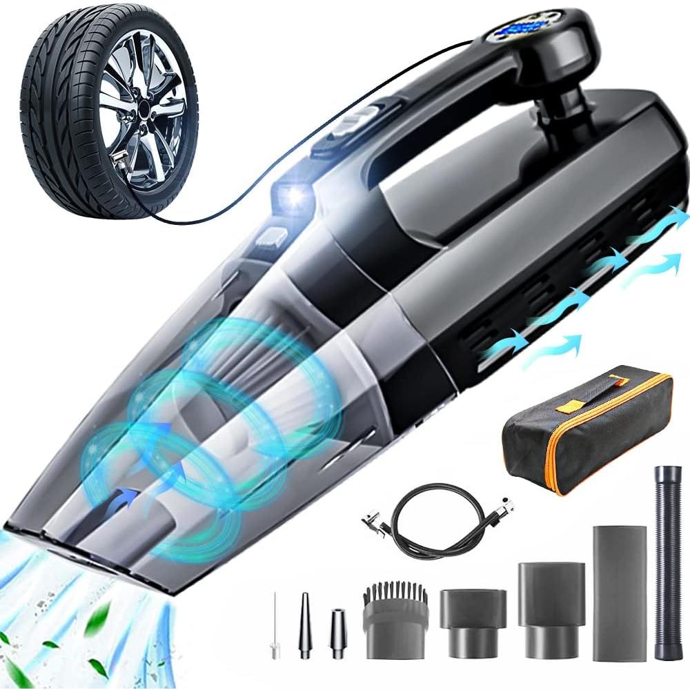 Fahuac 4 in 1 Cordless Handheld Vacuum Cleaner, 9000Pa Portable Vacuum Cleaner for Car with LCD Tire Pressure Display LED Light Wet/Dr