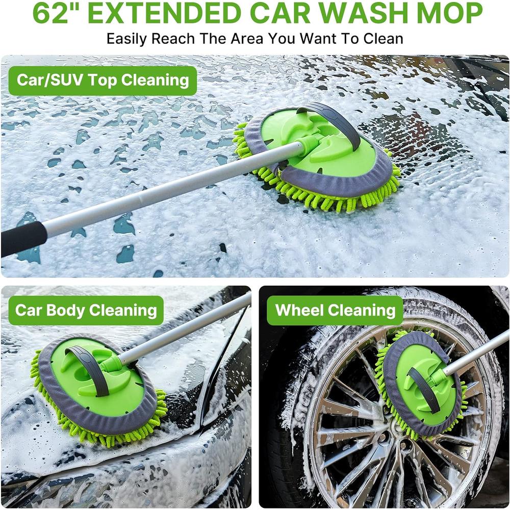 LEZIOA 62" Car Wash Brush with Long Handle, Car Cleaning Kit with Soft Car Wash Mop Sponge Windshield Window Squeegee Car Duster