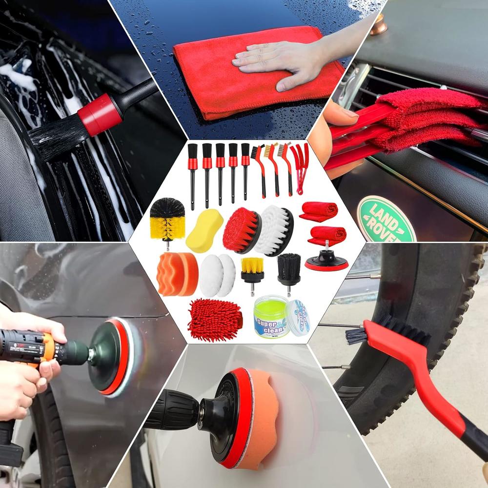 Jaronx 24PCS Car Detailing Drill Brush Kit, Car Detailing Kit, Car Detailing Brush Set (Car Drill Brushes, Car Drill Polishing Pads, D