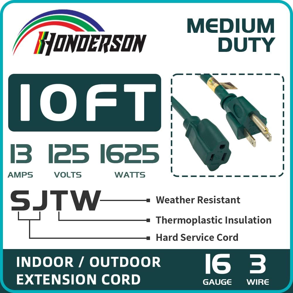 HONDERSON 10 Ft Outdoor Extension Cord-16/3 SJTW Durable Green Extension Cable with 3 Prong Grounded Plug for Safety